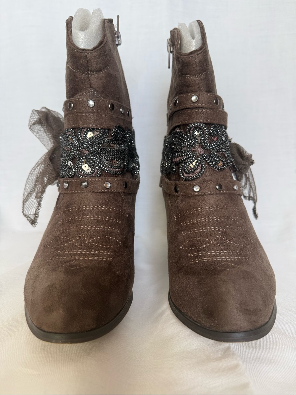 Not Rated Taupe Shortie Beaded Flower Ankle Boots - Size 8